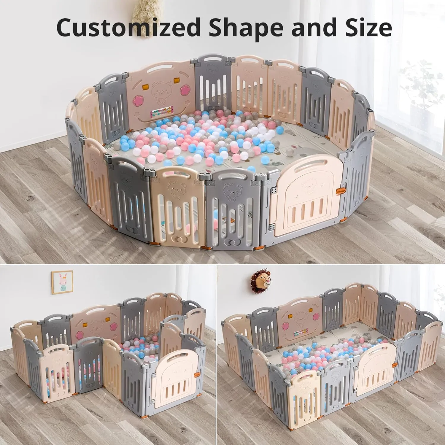 UANLAUO Baby Play Yards, Foldable Playpen 2-Panel Extension by Uanlauo, Baby Fence Play Pen NO Gaps with Gate, Safety and Durable Baby Playpen Panel (Grey   Cream)