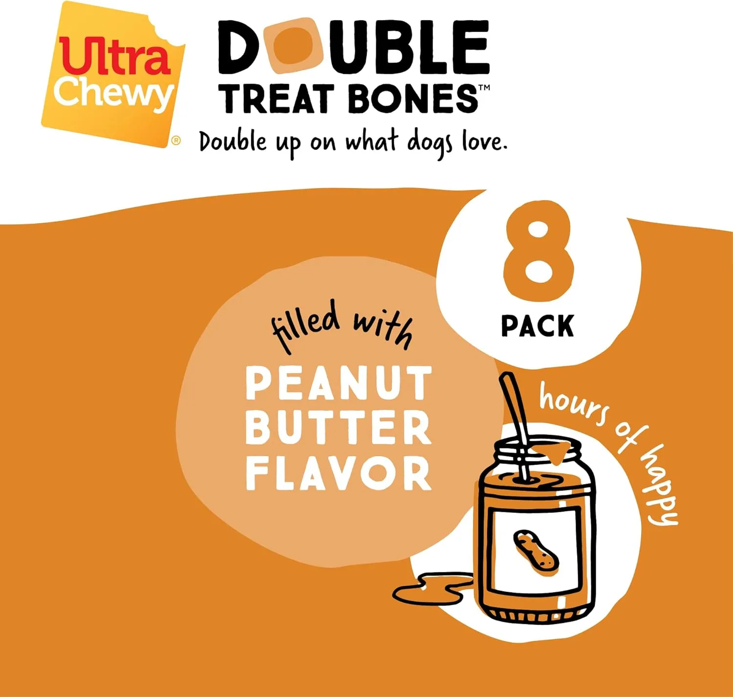 Ultra Chewy Double Treat Bones: Long-Lasting Dog Treats Made in USA for Large and Small Breeds, Highly Digestible, Ideal for Aggressive Chewers (Peanut Butter, 2 Value Packs)
