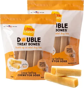 Ultra Chewy Double Treat Bones: Long-Lasting Dog Treats Made in USA for Large and Small Breeds, Highly Digestible, Ideal for Aggressive Chewers (Peanut Butter, 2 Value Packs)