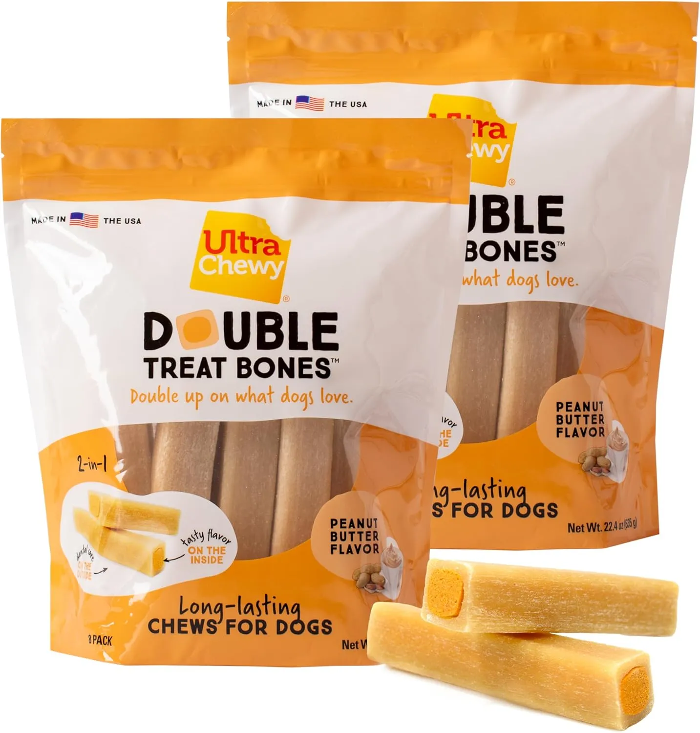 Ultra Chewy Double Treat Bones: Long-Lasting Dog Treats Made in USA for Large and Small Breeds, Highly Digestible, Ideal for Aggressive Chewers (Peanut Butter, 2 Value Packs)