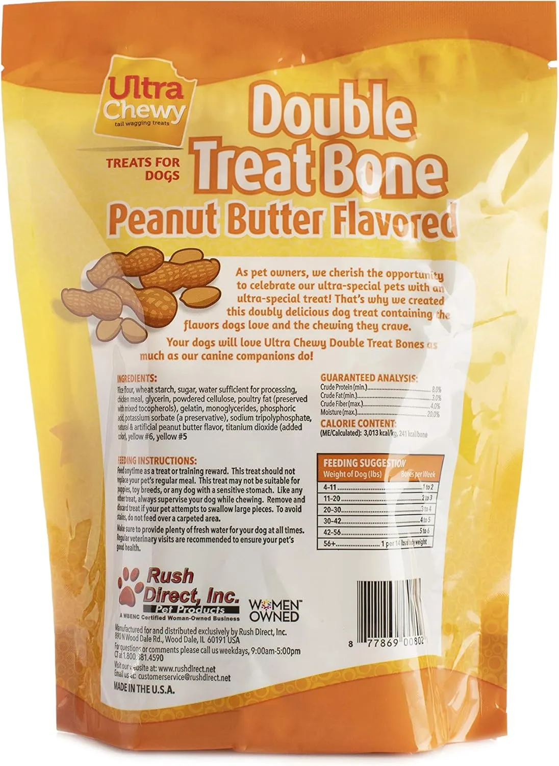 Ultra Chewy Double Treat Bones: Long-Lasting Dog Treats Made in USA for Large and Small Breeds, Highly Digestible, Ideal for Aggressive Chewers (Peanut Butter, 2 Value Packs)