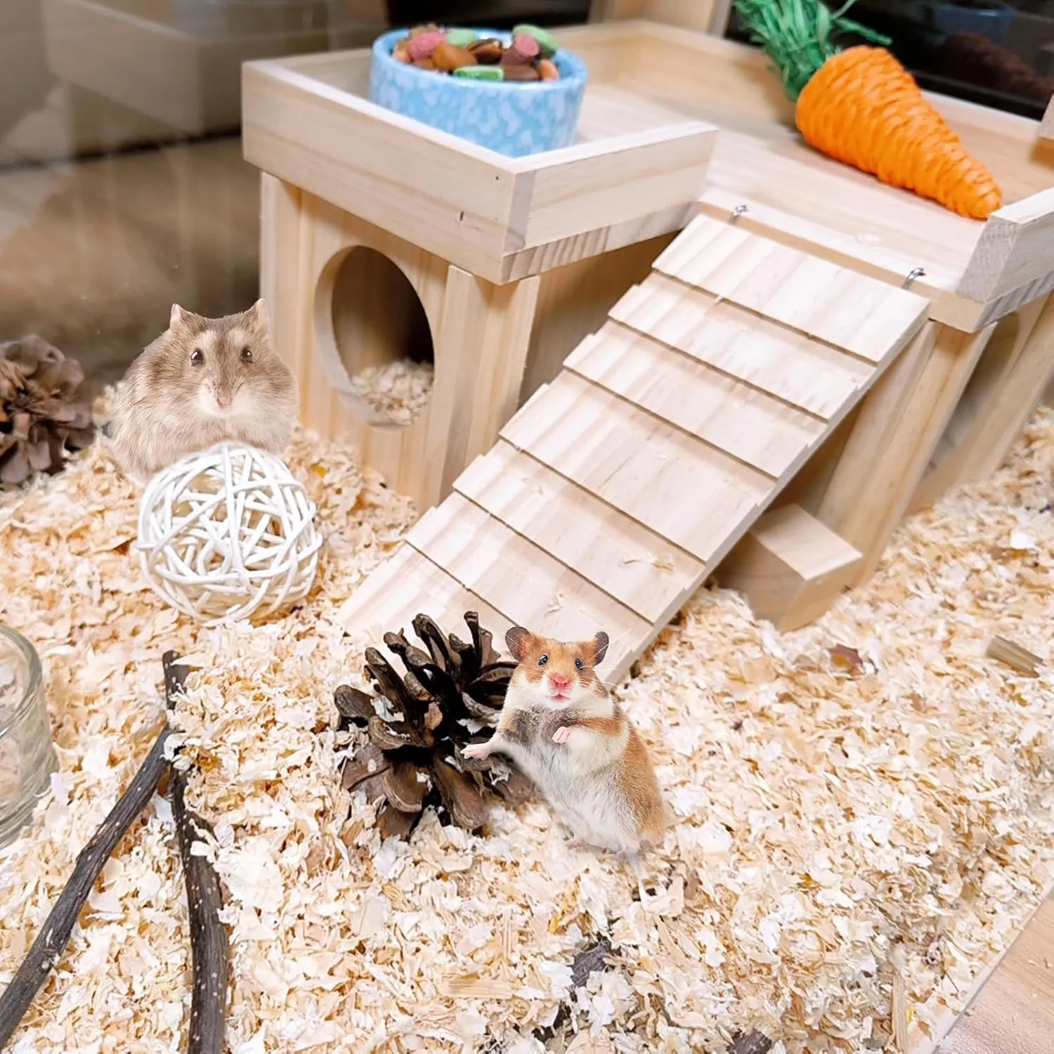 Wooden Hamster Hideout Hamster Wood House with Ladder Habitats Decor Detachable Small Animals Cage Accessories for Rat Gerbils and Other Small Pets