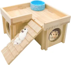 Wooden Hamster Hideout Hamster Wood House with Ladder Habitats Decor Detachable Small Animals Cage Accessories for Rat Gerbils and Other Small Pets